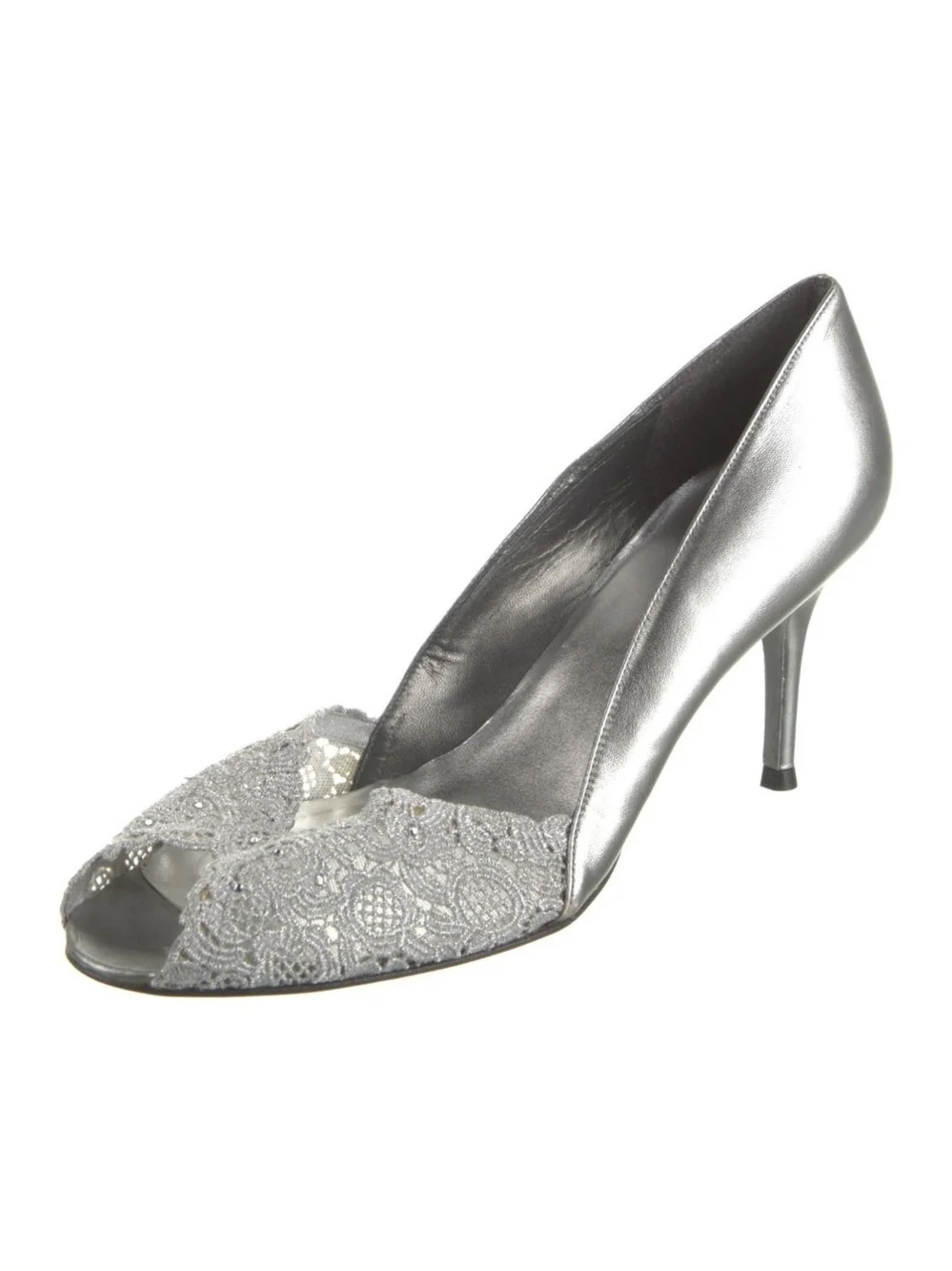 Stuart Weitzman Silver Lace Peep-Toe Heel